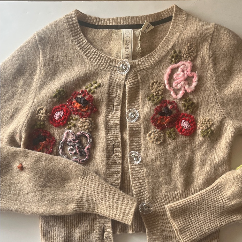 Vintage looking Tan Floral Embroidered Cardigan in Lambswool